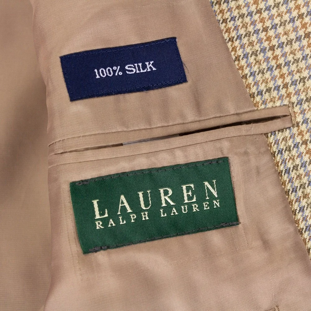 Lauren Ralph Lauren Blazer Mens 48R Tan Brown Houndstooth 100% Silk Sport Coat